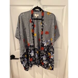 Loft Outlet Womens Black Open‎ Front Floral & Striped Kimono Cover Up One Size